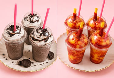 Batidos de galletas de chocolate con crema y mangonadas de mango picantes con tajín