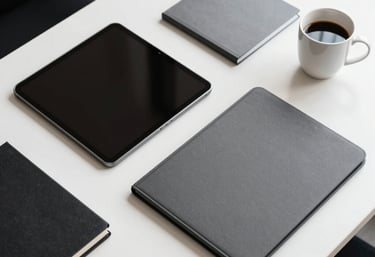 A top-down view of a designer&amp;amp;#x27;s desk in a bright North American office, with a tablet, coffee cup, and sleek charcoal grey stationary.
