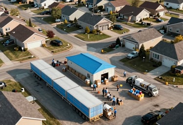 Professional aerial view of a relief distribution point in a North American suburban community, organized and calm, morning sunlight, light blue accents.