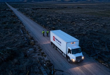 An action-oriented aerial photograph of a humanitarian relief convoy traveling through a North American landscape during an emergency response. The scene conveys movement, hope, and organized action. Tones of dark blue and medium blue are prominent.