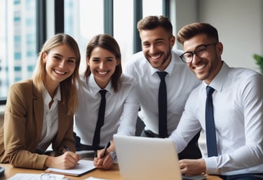 A friendly team of IT professionals collaborating in a bright, modern office with green accents.