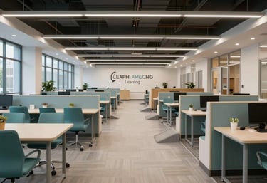 A wide, airy shot of a modern North American learning center with wide aisles, ramps, and ergonomic furniture in teal and off-white tones.