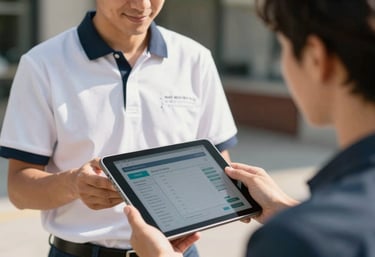 A professional North American / US technician providing a digital quote on a tablet to a customer, outdoors, sunny day, efficient and friendly service, white and slate blue colors.