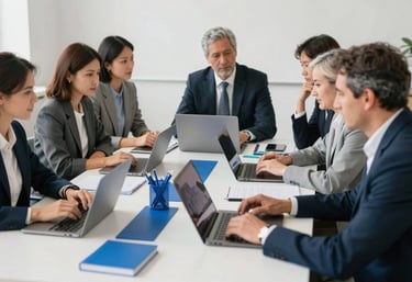 A group of professional colleagues of various ages collaborating around a large table in a bright office, with ocean blue stationery and modern laptops, professional Spanish setting.