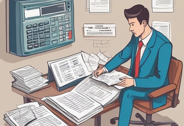 A professional accountant reviewing financial documents with a laptop and calculator on a clean desk.