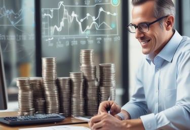 Team members collaborating in a modern office space with charts and reports displayed on screens.