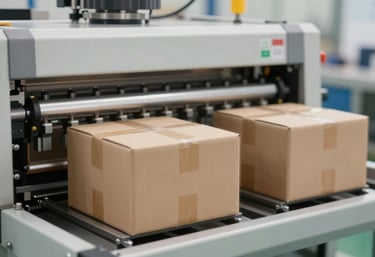 A high-tech industrial machine in a factory setting, creating several carton boxes per second. The focus is on the motion and efficiency, with a clean background using #2C2C2B and #A08D7D tones.