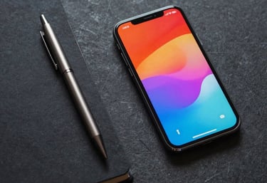 A top-down shot of a creative's desk with a metallic pen, a black sketchbook, and a smartphone showing a vibrant gradient interface, set against a dark, textured charcoal surface.