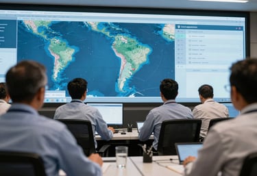 A group of logistics managers in a Latin American / Spanish control room, reviewing digital maps on screens with ocean blue and pale mist blue interfaces.