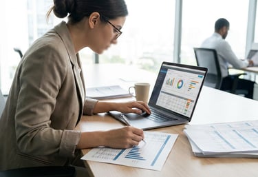 Profissional analisando dados de vendas para diagnóstico e identificação de oportunidades comerciais
