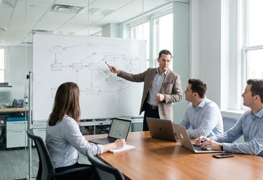 Equipe estruturando processo de vendas com funil e planejamento estratégico em ambiente corporativo