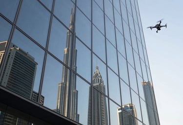 A low-angle view of a series of perfectly clean glass panels on a modern office building, reflecting the iconic Dubai skyline. In the corner, a drone is seen moving to the next section, symbolizing technology-driven efficiency and cleanliness.