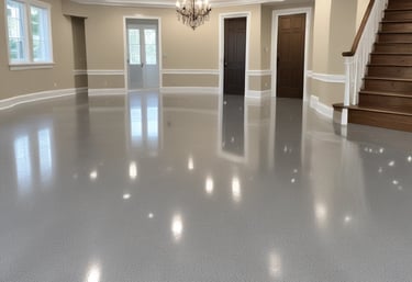 Vibrant decorative flake epoxy floor in a stylish garage setting.