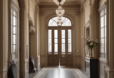 A sparkling clean communal hallway in an apartment building with polished floors and bright lighting.