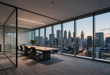 A secure, modern glass-walled conference room in a North American corporate building, overlooking a skyline at twilight, sophisticated and calm atmosphere.