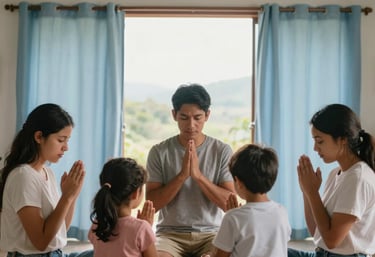 A family sharing a moment of prayer in a bright Central American / Costa Rican home, Soft Sky Blue curtains, warm and uplifting atmosphere with Pale Mist White light.