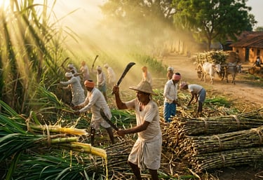 Indian farmers harvesting sugarcane by hand in a sunlit rural village field with an ox cart.