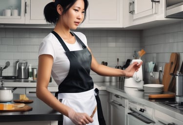 A professional cleaner in green gloves using eco-friendly products to clean a modern office desk.