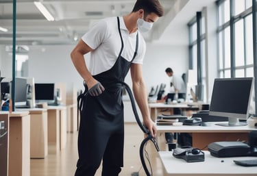 A professional cleaner in green gloves using eco-friendly products to clean a modern office desk.