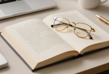 Clean, high-end desk setting with a legal code book and gold reading glasses in a Southern European professional study, cream tones.