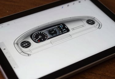 Close-up of a digital drawing tablet showing wireframe layouts of a dashboard, professional and artistic lighting.