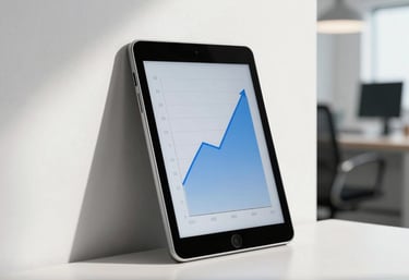 Clean photo of a tablet leaning against a wall in a bright office, showing a simple blue graph with an upward trend.