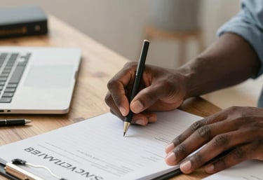 Close-up of hands typing on a laptop with government registration websites open.