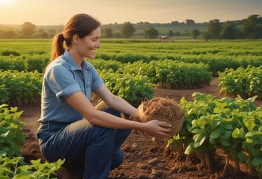 A lush green farm field with biochar bags neatly stacked beside farmland.