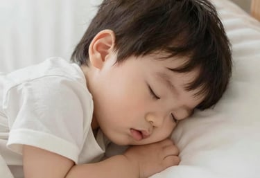 A warm, inviting scene of a parent gently rocking their toddler to sleep in a softly lit room.