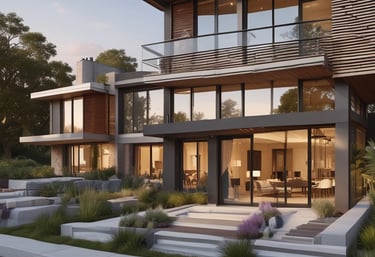 Evening view of the apartment building lit warmly against the city skyline.