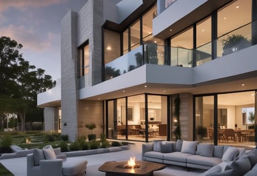 A wide-angle view of the modern svc indraprstha apartment complex bathed in warm evening light.