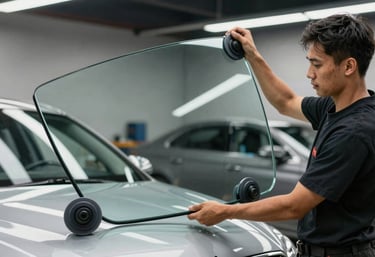 A wide shot of a professional technician carrying a large, curved automotive glass piece with heavy-duty suction cups towards a luxury vehicle, North American setting.