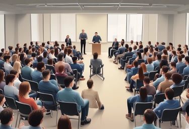 A friendly property manager discussing with community members in a bright, tidy office.