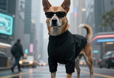 Animated .dog domain orbs swirling dynamically against a dark cyberpunk background.