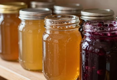 A close-up of several glass jars filled with golden amber honey and rich purple berry preserves on a light brown wooden shelf, soft North American farmhouse lighting.