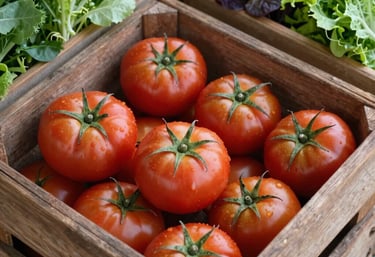 Overhead close-up of heirloom tomatoes and mixed baby greens in weathered wooden crates at a North American outdoor market, natural daylight.