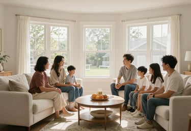 A bright and airy North American / US living room where a family is comfortably sitting together, large windows showing a sunny day, soft crisp off-white decor.