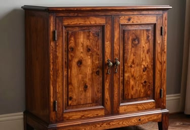 A beautifully restored mahogany side cabinet standing in a classic European living room. The wood glows with a deep, warm luster under soft lighting.