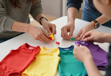 personas haciendo ropita colorida para mascotas