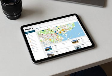 An overhead shot of a clean, minimalist desk with a tablet showing an e-commerce dashboard and a travel map, symbolizing the fusion of work and adventure.
