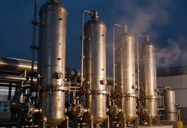 Close-up of advanced refining equipment processing fuel under bright industrial lighting.