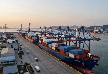 A modern refinery with sleek pipes and glowing flames under a bright sky symbolizing advanced energy transformation.