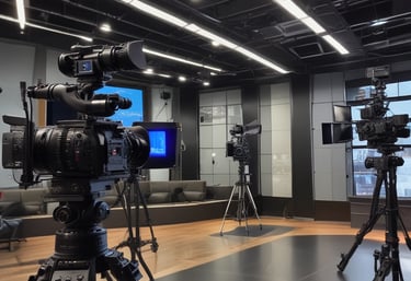 Camera crew filming a television show on a vibrant studio set.