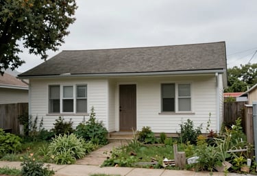 A close-up of a worn-down house with visible damage and overgrown yard.