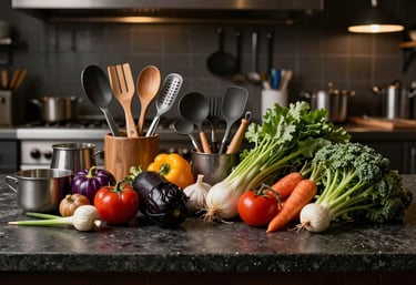 A collection of artisanal kitchen tools and fresh seasonal vegetables arranged on a dark stone countertop in a Western / European-influenced restaurant kitchen. Low-key lighting, professional and authentic.