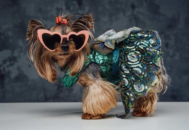 perrita yorkshire terrier con un traje elegante de sirena y lentes en forma de corazon