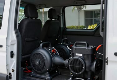 A clean and organized van interior filled with high-tech water damage restoration equipment like blowers and pumps, parked in Miami, Florida.