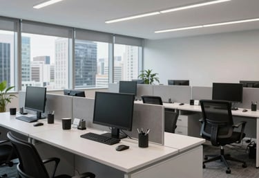 A bright and organized corporate workspace in a major Brazilian city, showcasing clean lines, professional equipment, and a sophisticated atmosphere in shades of light gray.