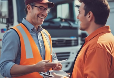 A friendly consultant discussing freight logistics with a truck driver beside a cargo truck.