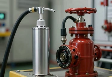 A sleek, compact leakage makeup pump (jokey pompa) installed alongside a main fire pump unit. The composition shows the scale difference between the pumps in a professional, well-lit industrial setting.